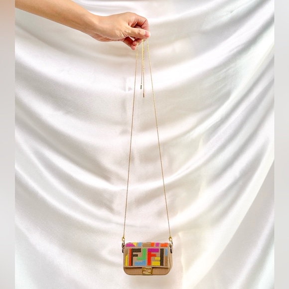 Fendi Kuban Canvas FF Embroidered Nano Baguette Bag Charm Grezzo Multicolor - Picture 7 of 17